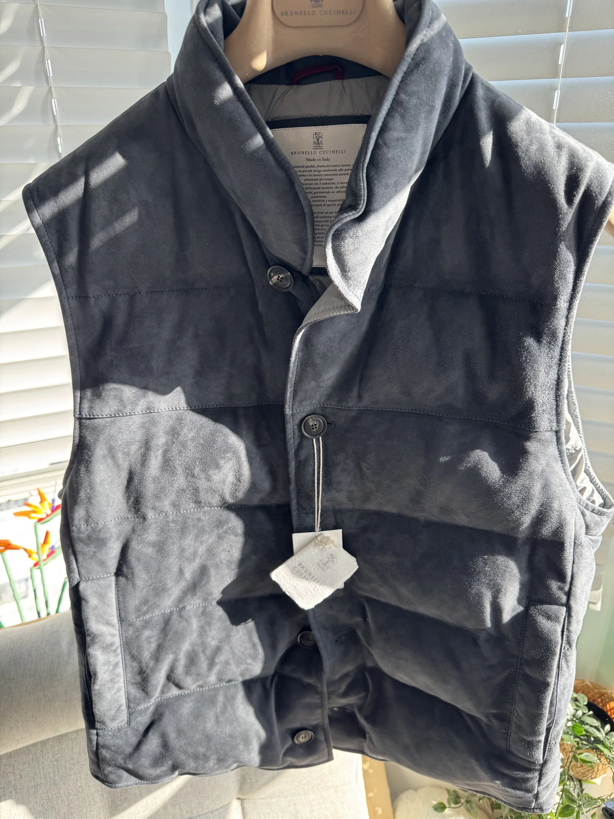 Brunello Cucinelli Charcoal Suede Down Vest Size 50 - Sold