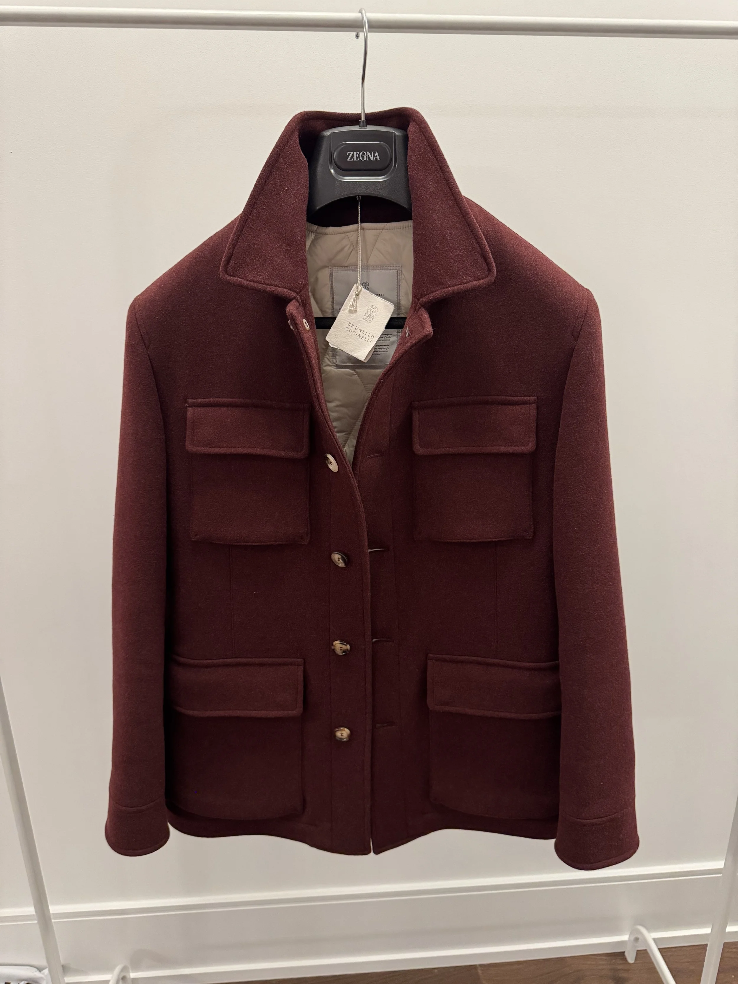 Brunello Cucinelli Wool Field Jacket in Burgundy with a Quilted Removable Liner Size 48 - Sold