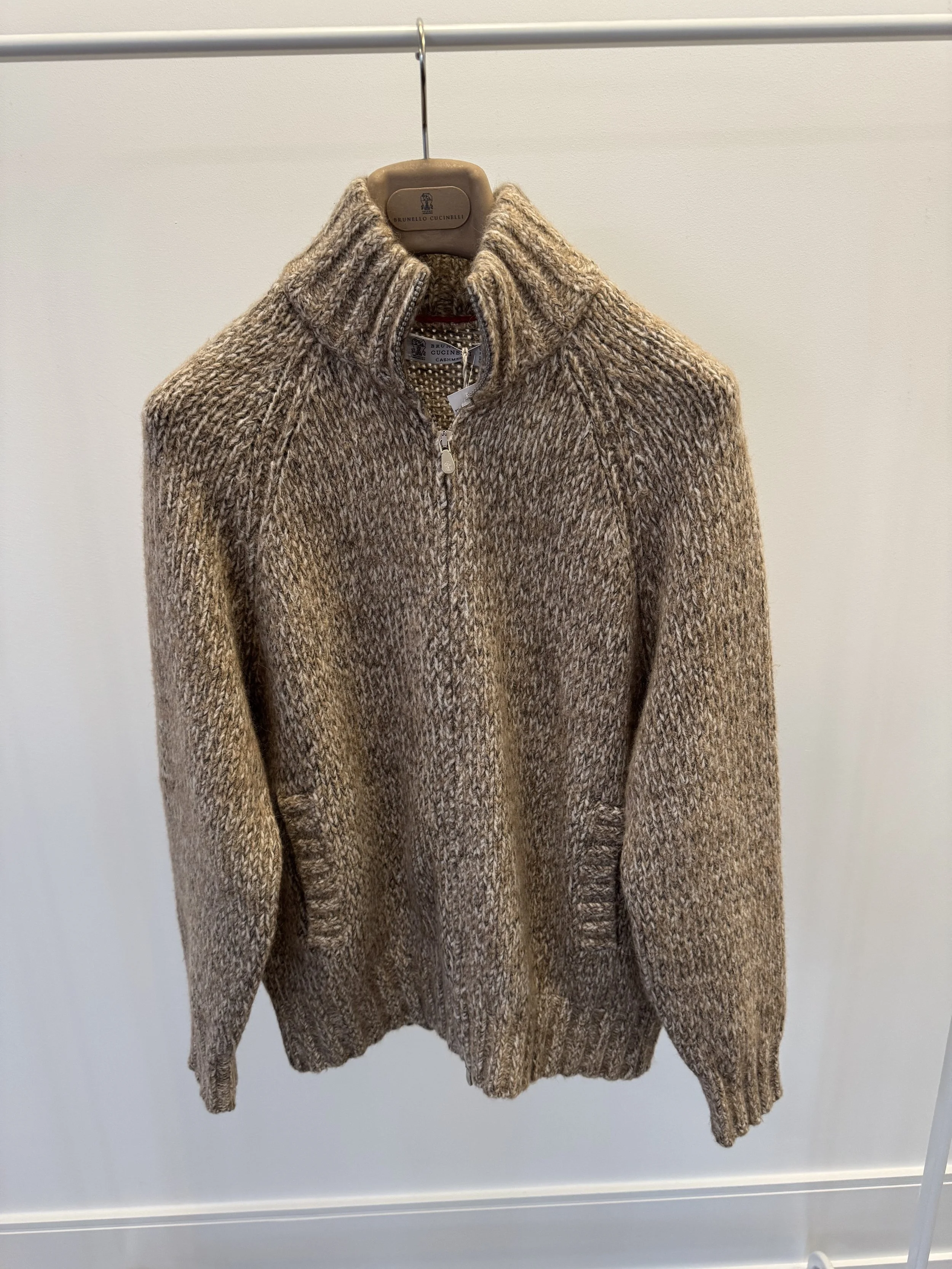 Brunello Cucinelli Wool-Silk-Alpaca Zip up Cardigan in Beige/Brown Size 50 - Sold