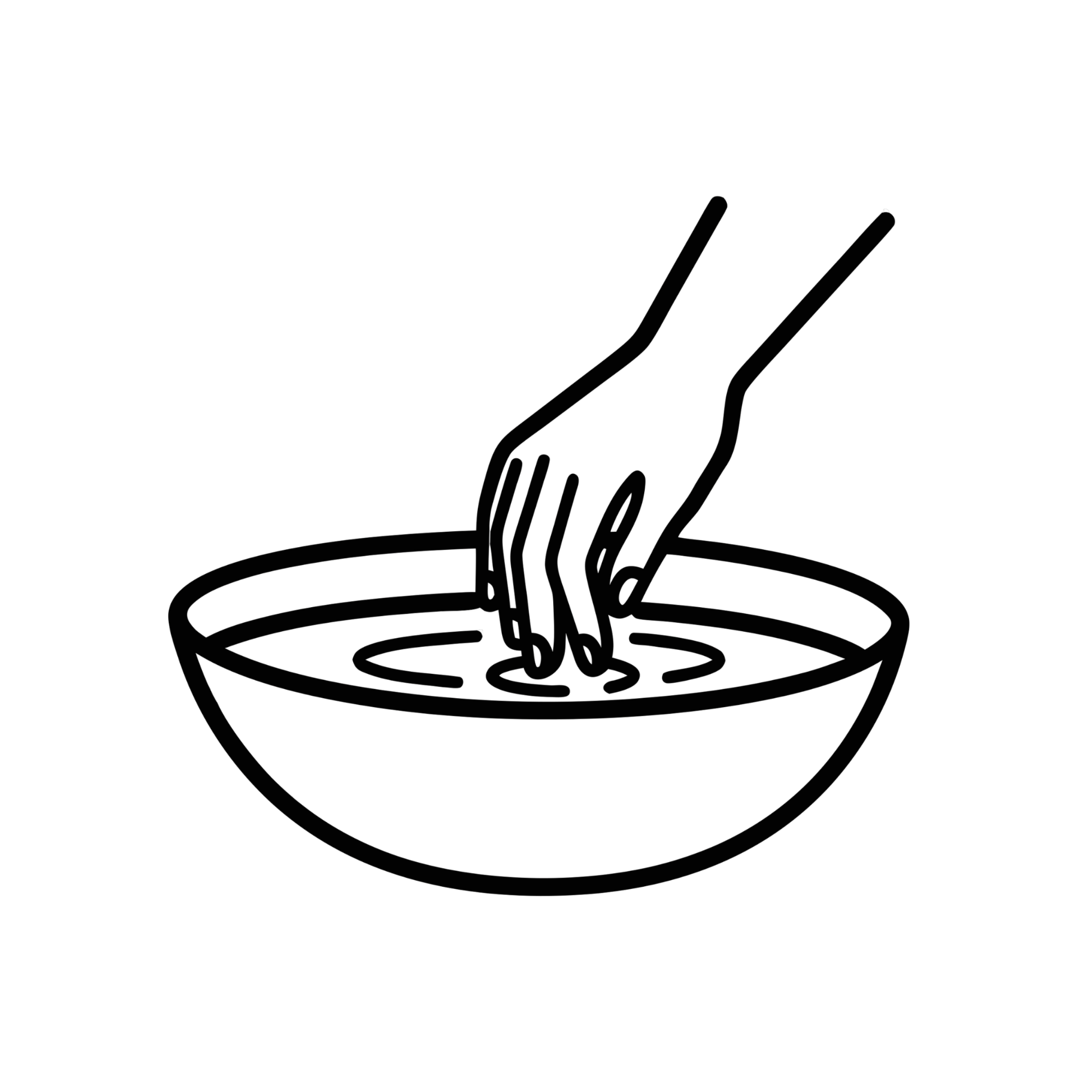 A black and white icon of a hand being dipped in a bowl of water