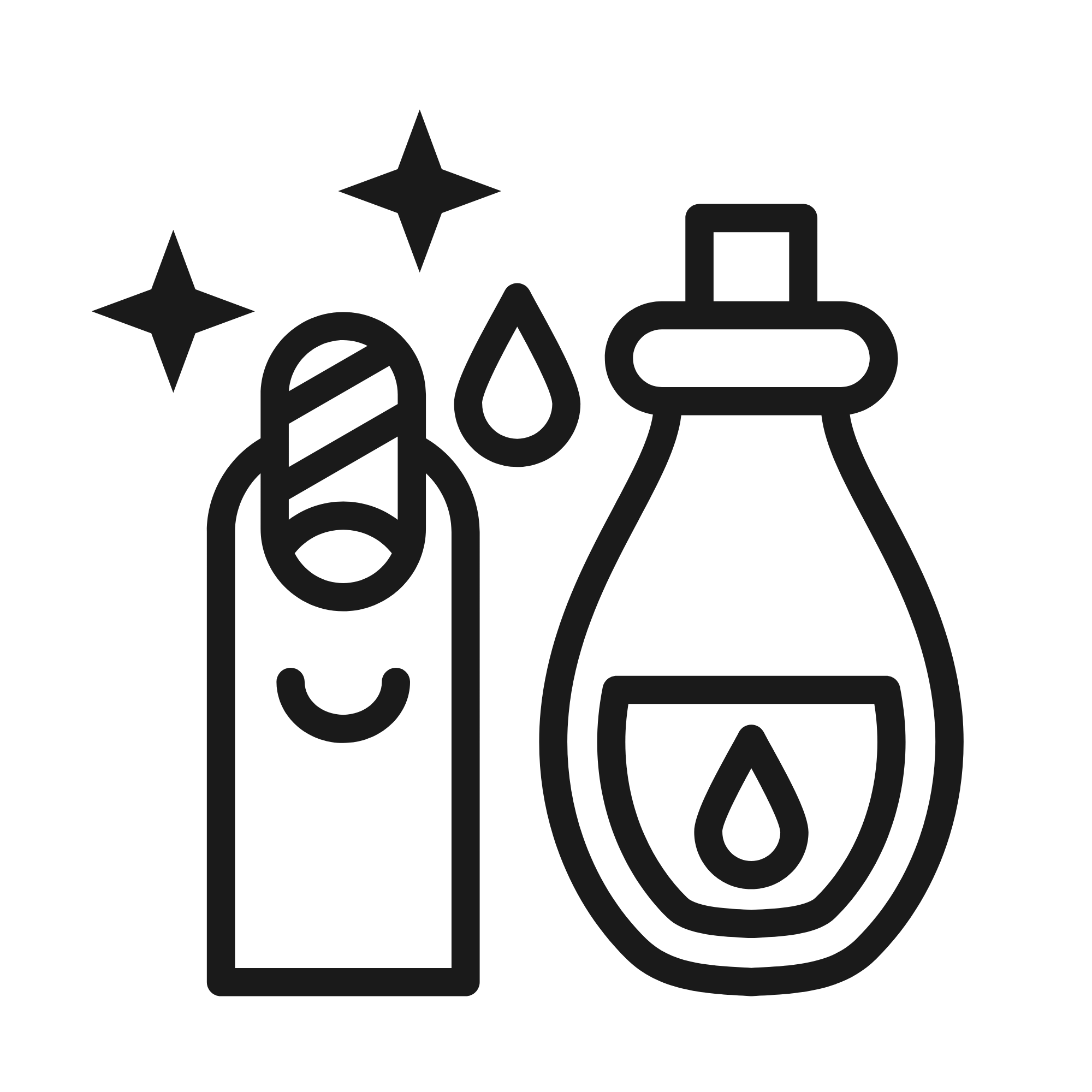 A black and white icon of a nail and cuticle oil bottle, with sparkles around highlighting freshness.