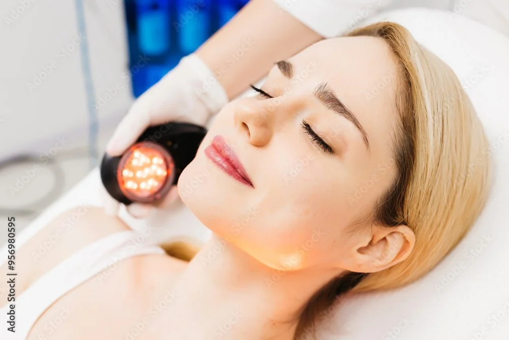 A woman receiving a facial treatment with LED light therapy in a spa or clinic setting.