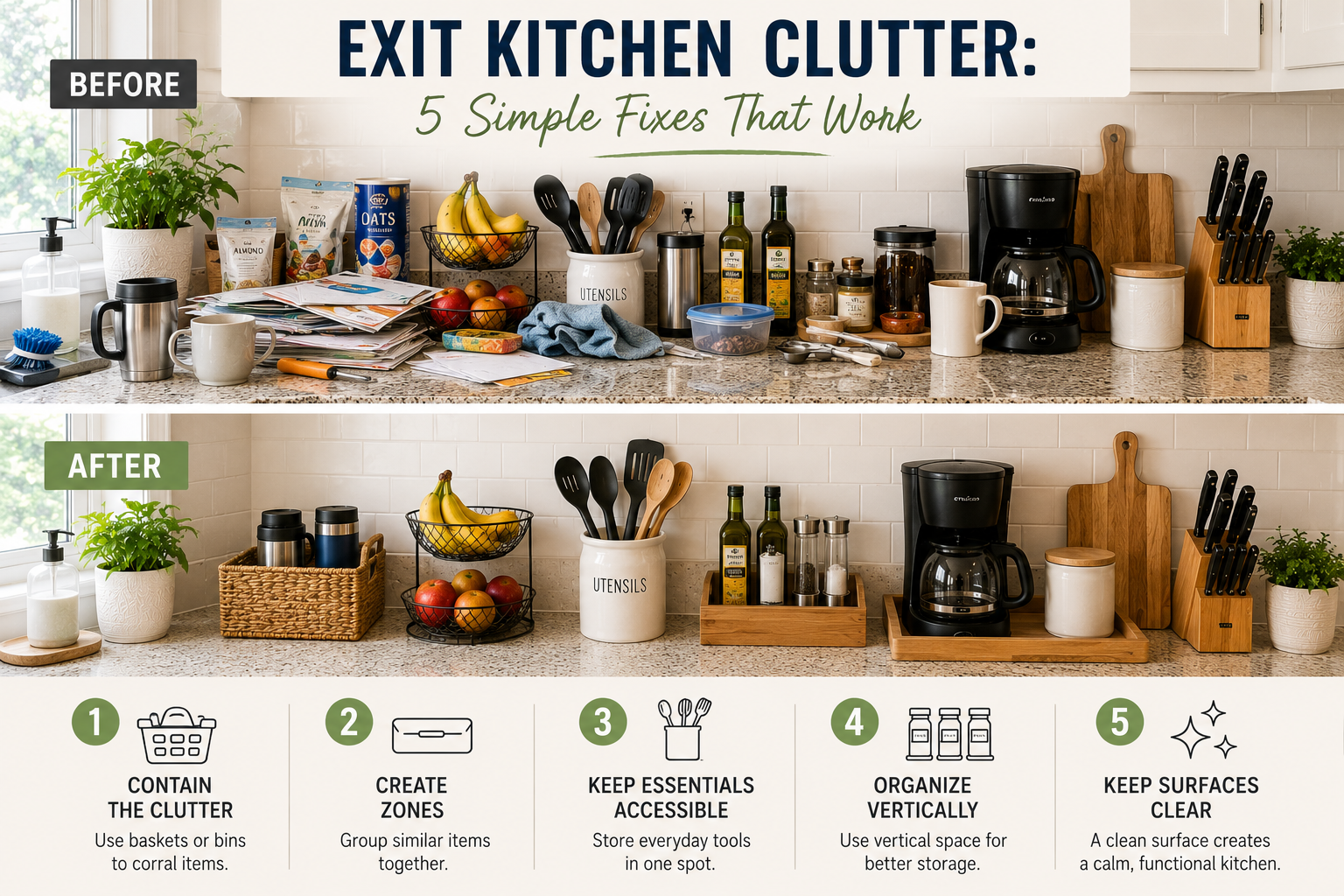 Exit Kitchen Clutter: 5 Simple Fixes That Work