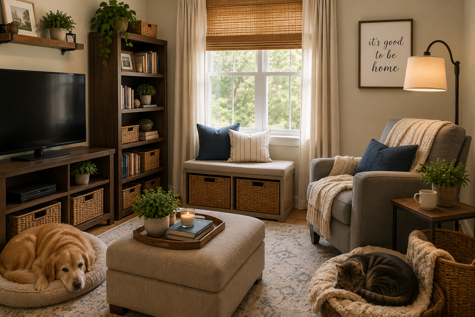 Cozy living room with a large window, beige walls decorated with a framed quote, a gray armchair with navy and cream pillows, a side table with a plant and mug, a beige ottoman with a tray, books, and a candle, a wooden TV stand with woven baskets and potted plants, a wooden bookshelf with books and baskets, a yellow retriever dog lying on a pet bed, and a tabby cat curled up on a plush chair.