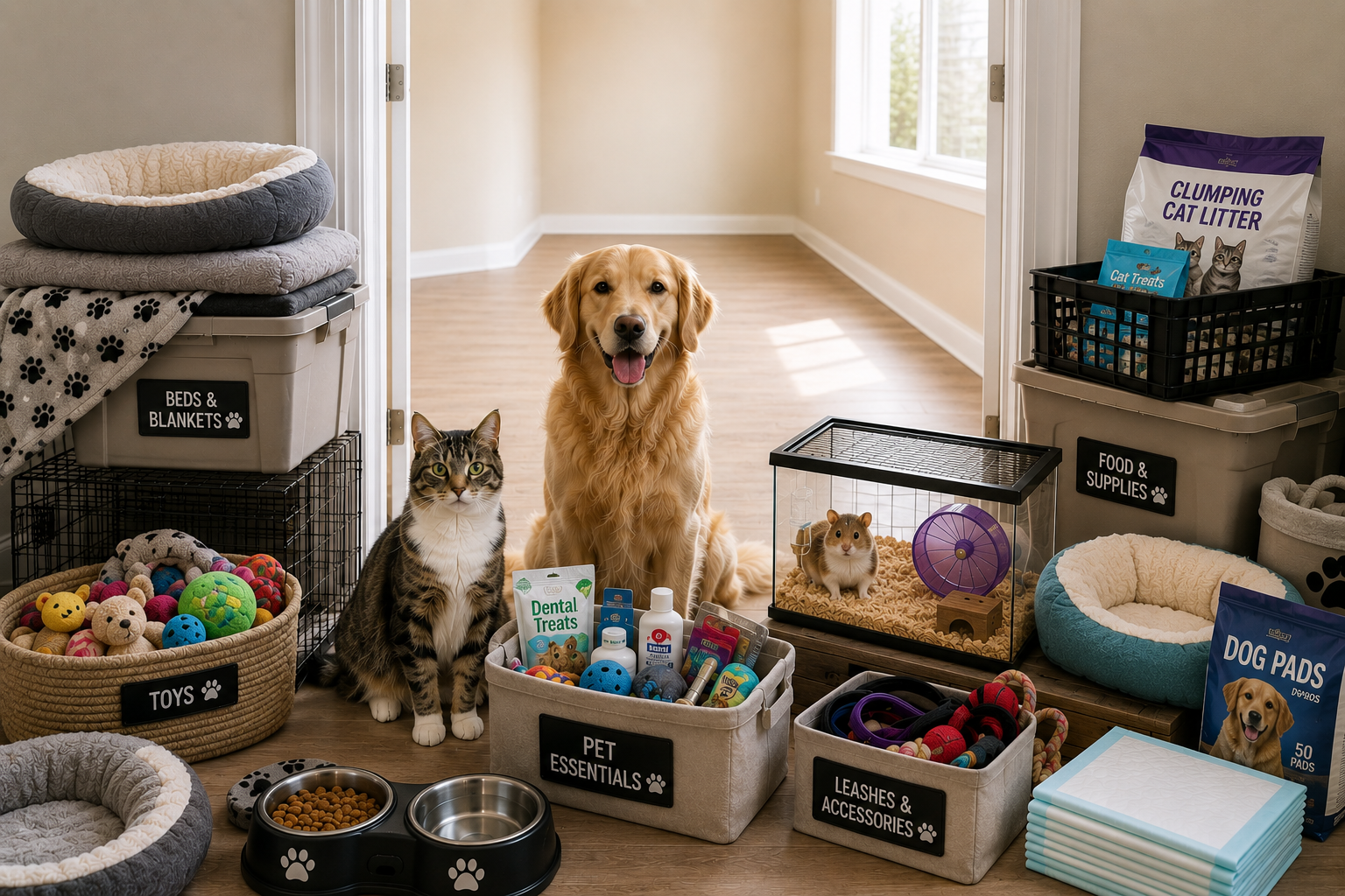 Dog and cat sitting inside a pet supplies room with organized bins labeled for different pet items, including toys, treats, essentials, leashes, and accessories. The dog is golden and sitting in the middle, while the cat is tabby and sitting next to the dog.