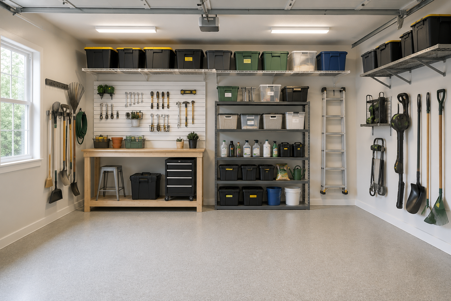 Organized garage with gardening tools, storage bins, and supplies on shelves and walls.
