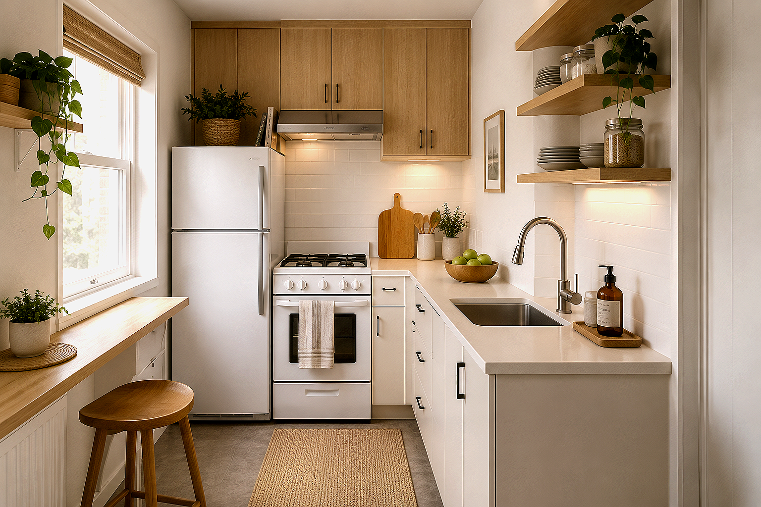 Cozy kitchen with white cabinets, wooden shelves, a white refrigerator, stove, and sink, decorated with potted plants, jars, and a bowl of green apples.