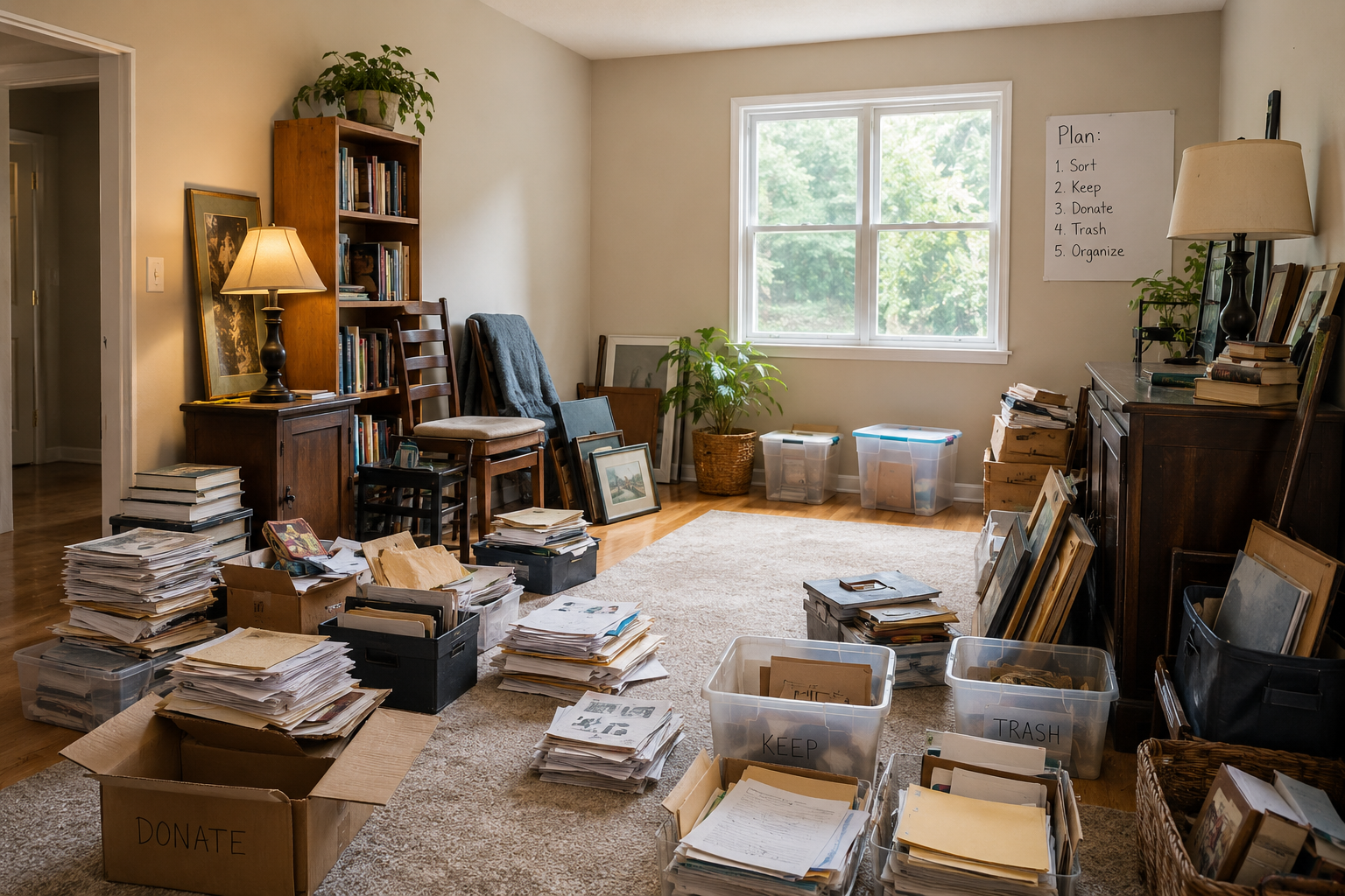 A cluttered living room with many stacks of papers and boxes labeled 'Donate', 'Keep', and 'Trash', along with a bookshelf, a large window, and furniture.