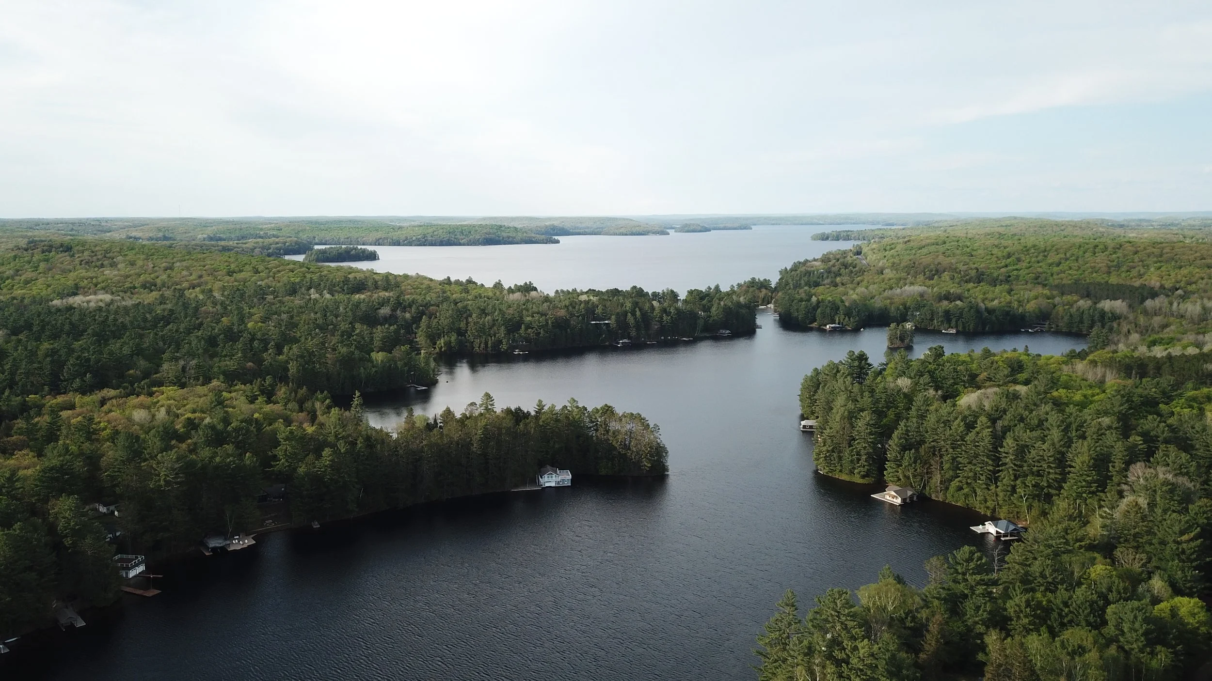 Aerial view of a lake (Lake of Bays, Ontario, Canada) with surrounding dense green forest, several small boats, and houses on the shoreline under a cloudy sky.