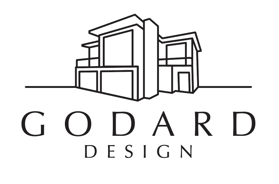 Line drawing of a modern house with multiple levels and a sloped roof, accompanied by the text 'GODARD DESIGN' beneath the illustration.