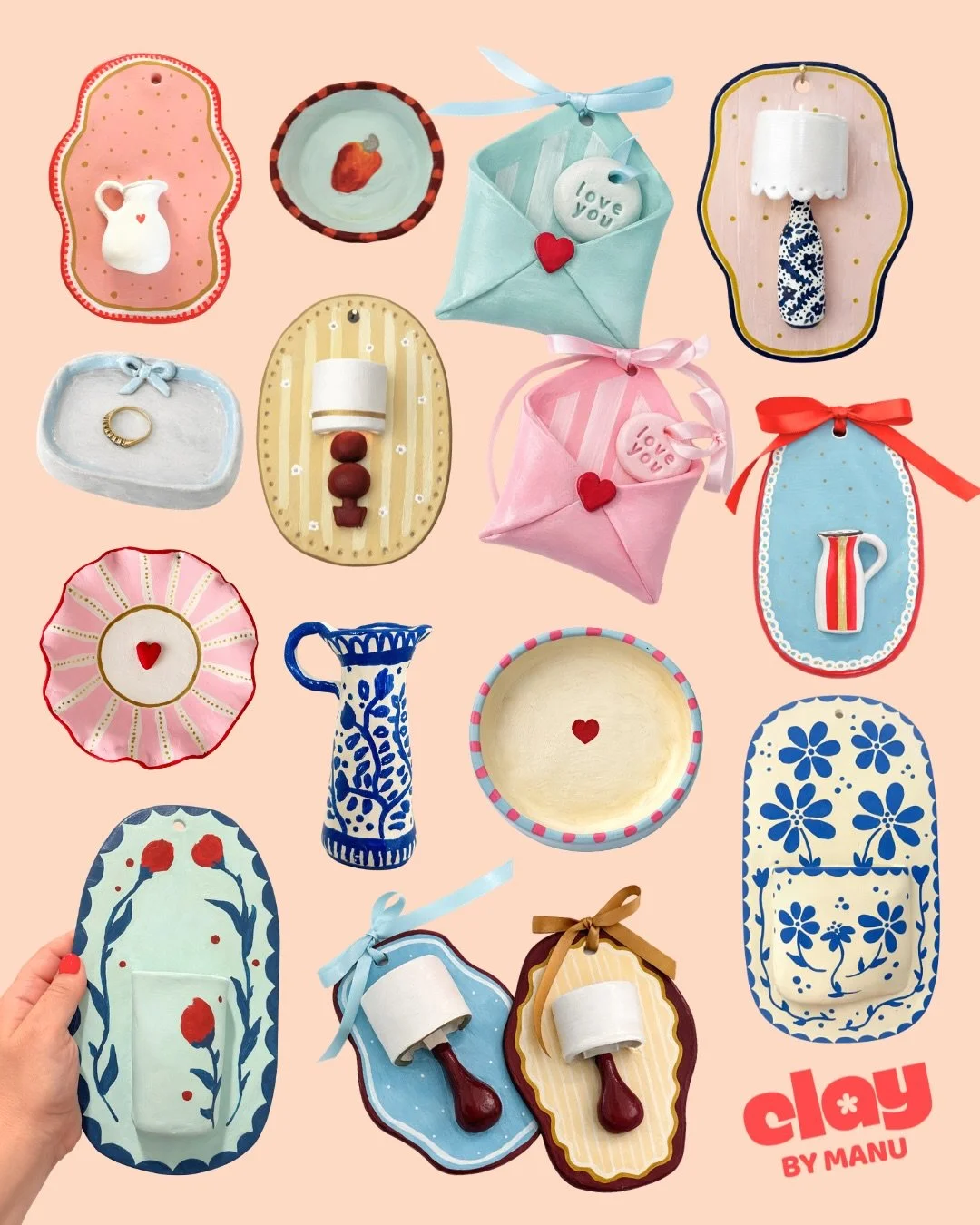 Air dry clay pieces I made in the past month. Which one is your favorite? 😍 

Envelopes, Mini Pitcher Vase, Table Lamp wall hang nightlight, Blue Garden Pocket Wall Hang, blue bow trinket dish and so many more!