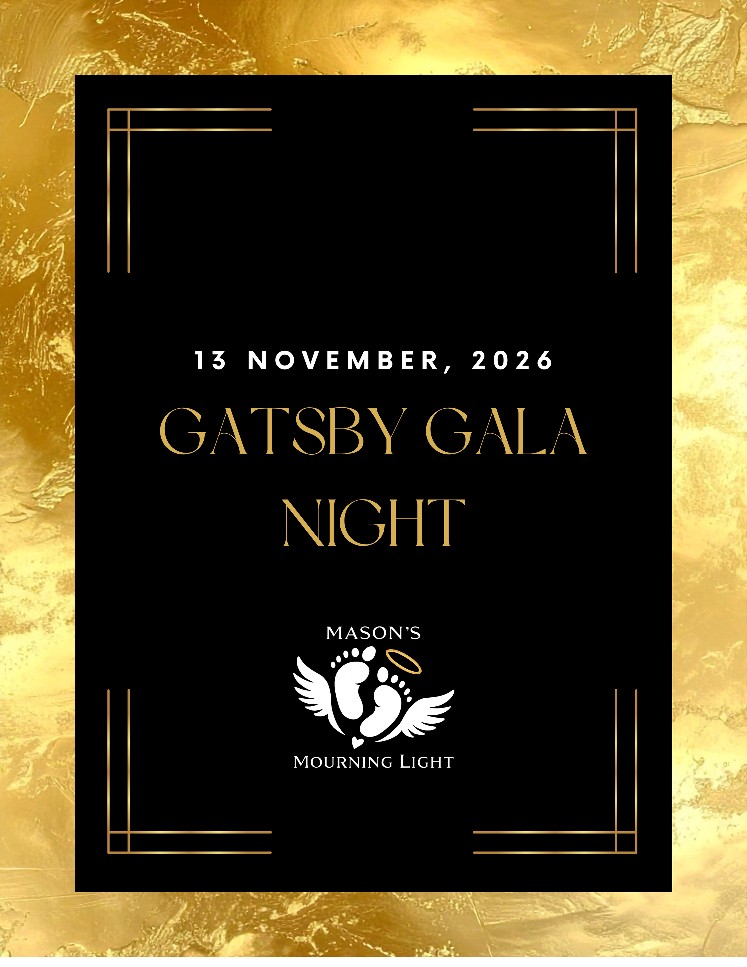 Invitation with a black background and gold decorative borders, featuring a white dove illustration with wings spread, against a gold textured background, for the Gatsby Gala Night on November 13, 2026, by Mason's Mournful Light.