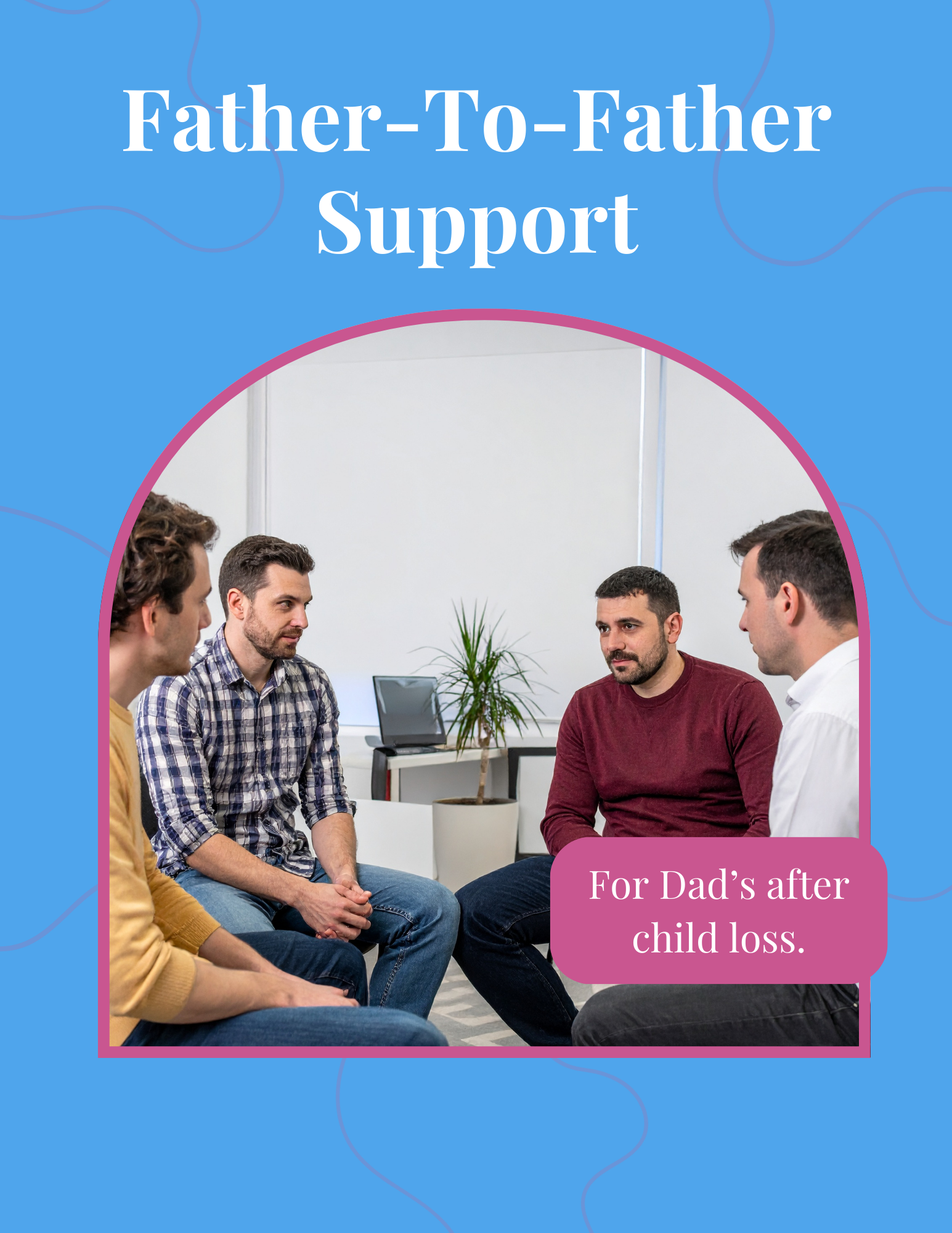 A group of five men sitting in a circle during a support group session, discussing a topic related to child loss. The setting appears to be a therapy or support group environment, with neutral decor and a laptop visible in the background.