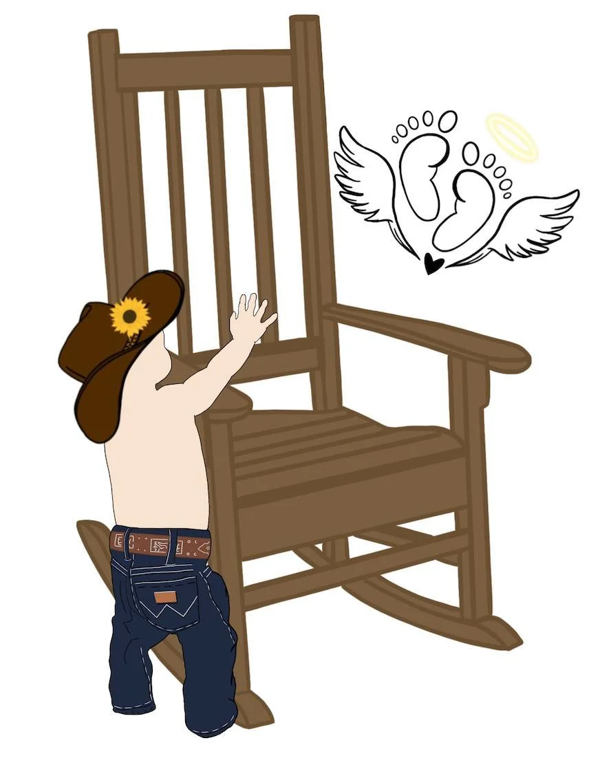 A child with a sunflower hat touching a wooden rocking chair, with a drawing of angelic footprints with wings, a halo, and a heart on the wall.