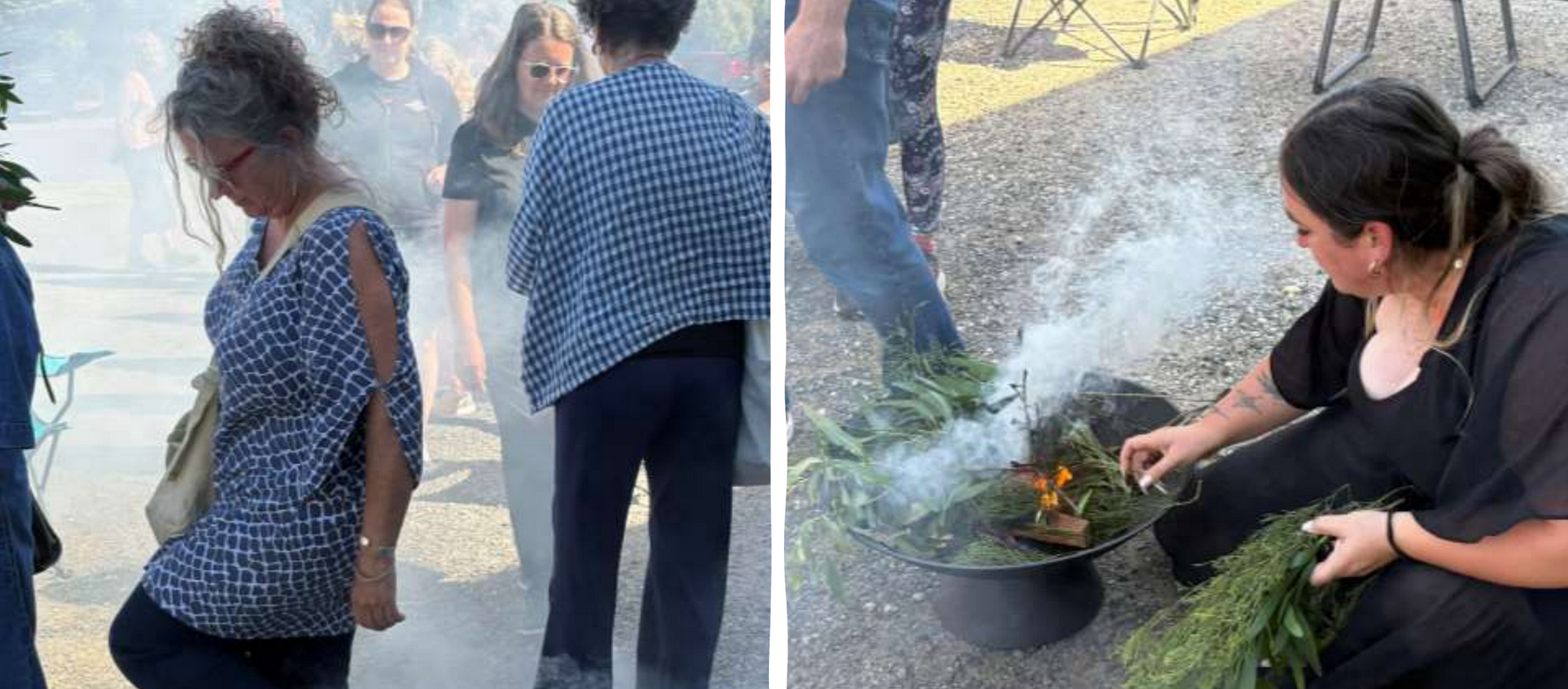 People participating in an Aboriginal smoking ceremony outdoors, with women dressed casually, some wearing glasses, surrounded by smoke and greenery, and one woman tending to the fire.