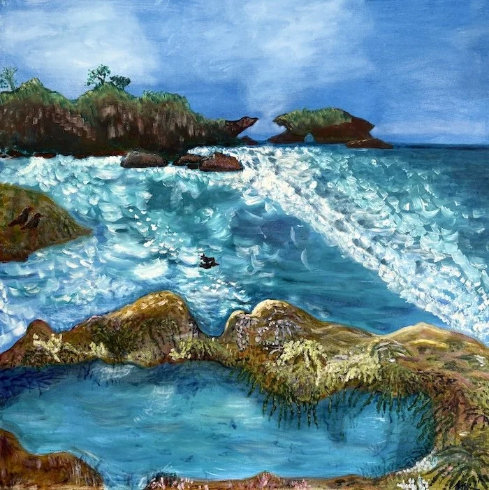 Painting of a coastal landscape with cliffs, breking ocean waves, and a rockpool surrounded by marine plants and seaweed in the foreground.