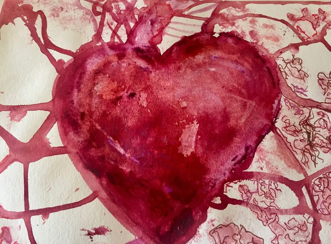 A watercolor painting of a red heart surrounded by a network of spidery lines and shapes in shades of red.