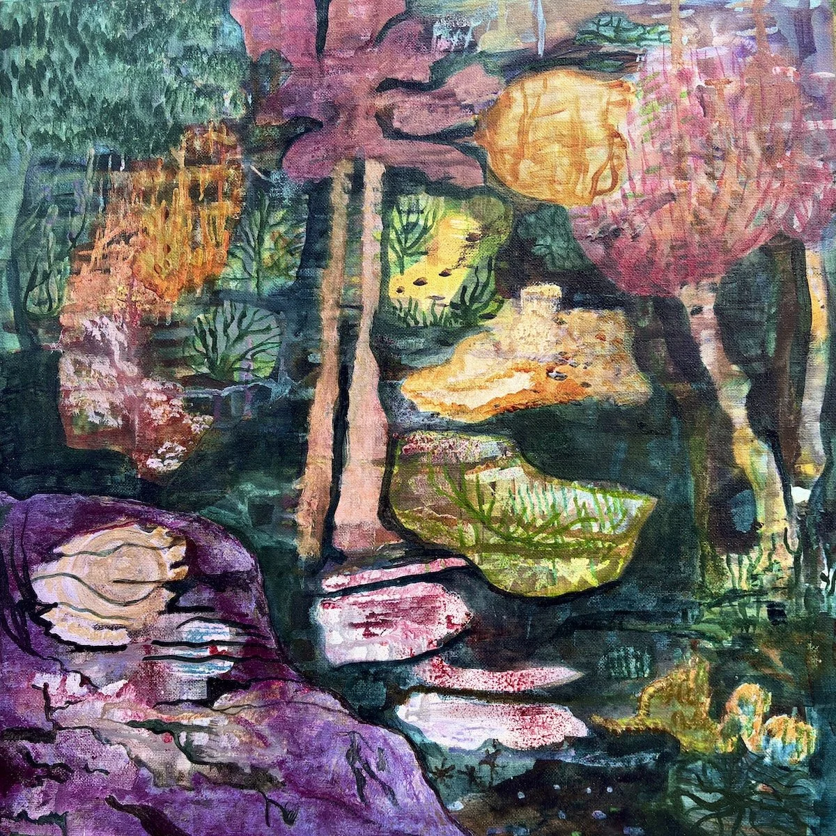 Acrylic painting of a vibrant nature scene with various colorful plants, rocks, and trees suggesting pools of water surrounded by mythical rocks and trees.