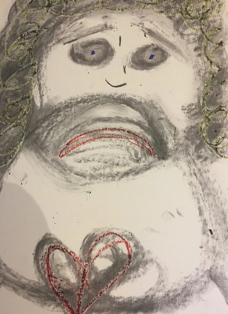 A child-like drawing of a face with curly hair, big eyes, a small nose, and an oversized sad mouth. There is a heart drawn in red beneath the face.