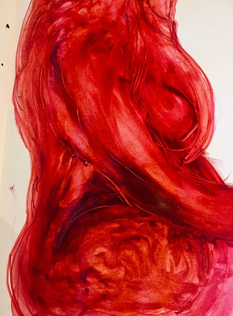Watercolour painting of a curvy, female gendered mid torso from the side in rich red colours.