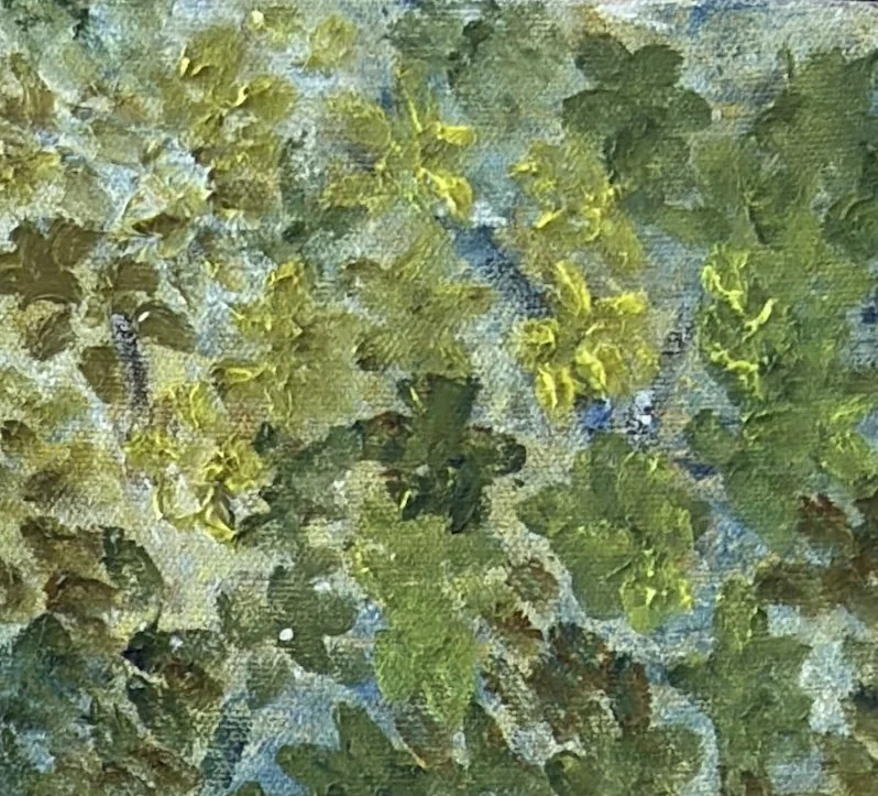 Close-up of a painted abstract featuring shades of green, yellow, and hints of blue, with textured brush strokes.
