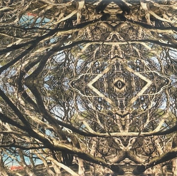 lose detail of Woven Time fabric and wallpaper design by Artful Weave showing abstracted coastal branch forms with sky and sea visible through the canopy, in warm khaki and grey tone