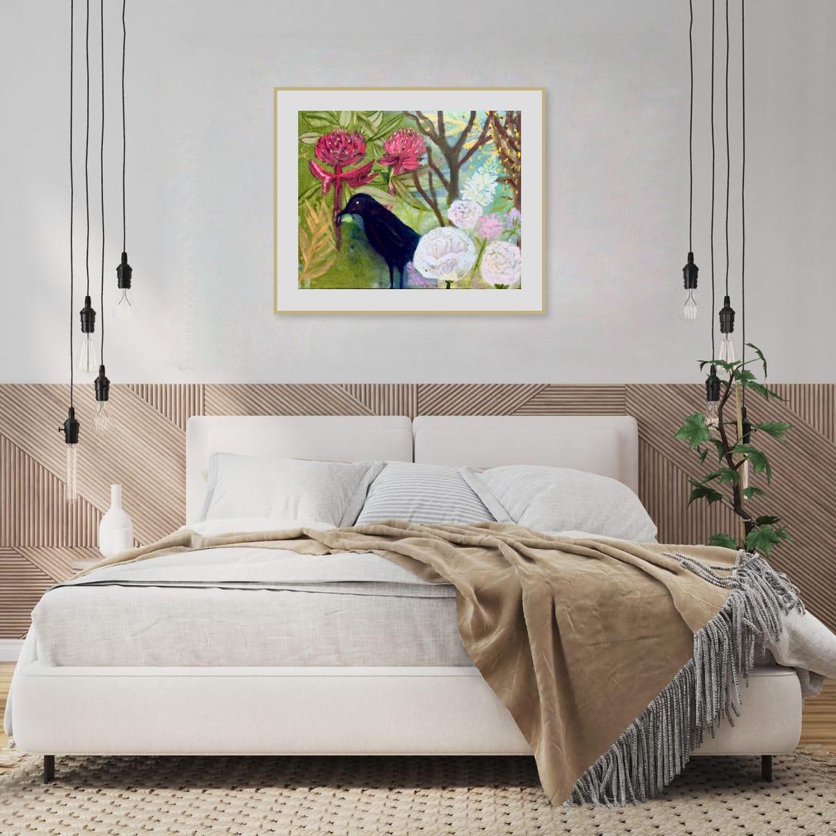 Modern bedroom mockup with white bed, beige blanket, and pillows, with a plant on the right side and an art painting with black bird and flowers on the wall.