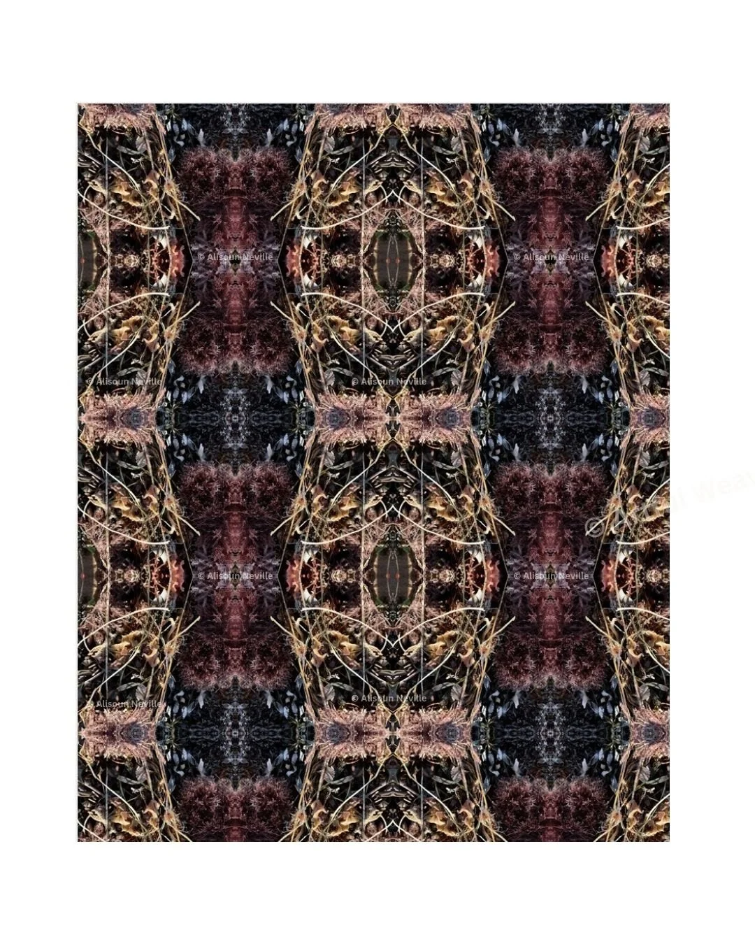 Saltwoven fabric and wallpaper design by Artful Weave — a repeat pattern in maroon, earth and ochre tones featuring algal seaweed forms at the tide's edge.
