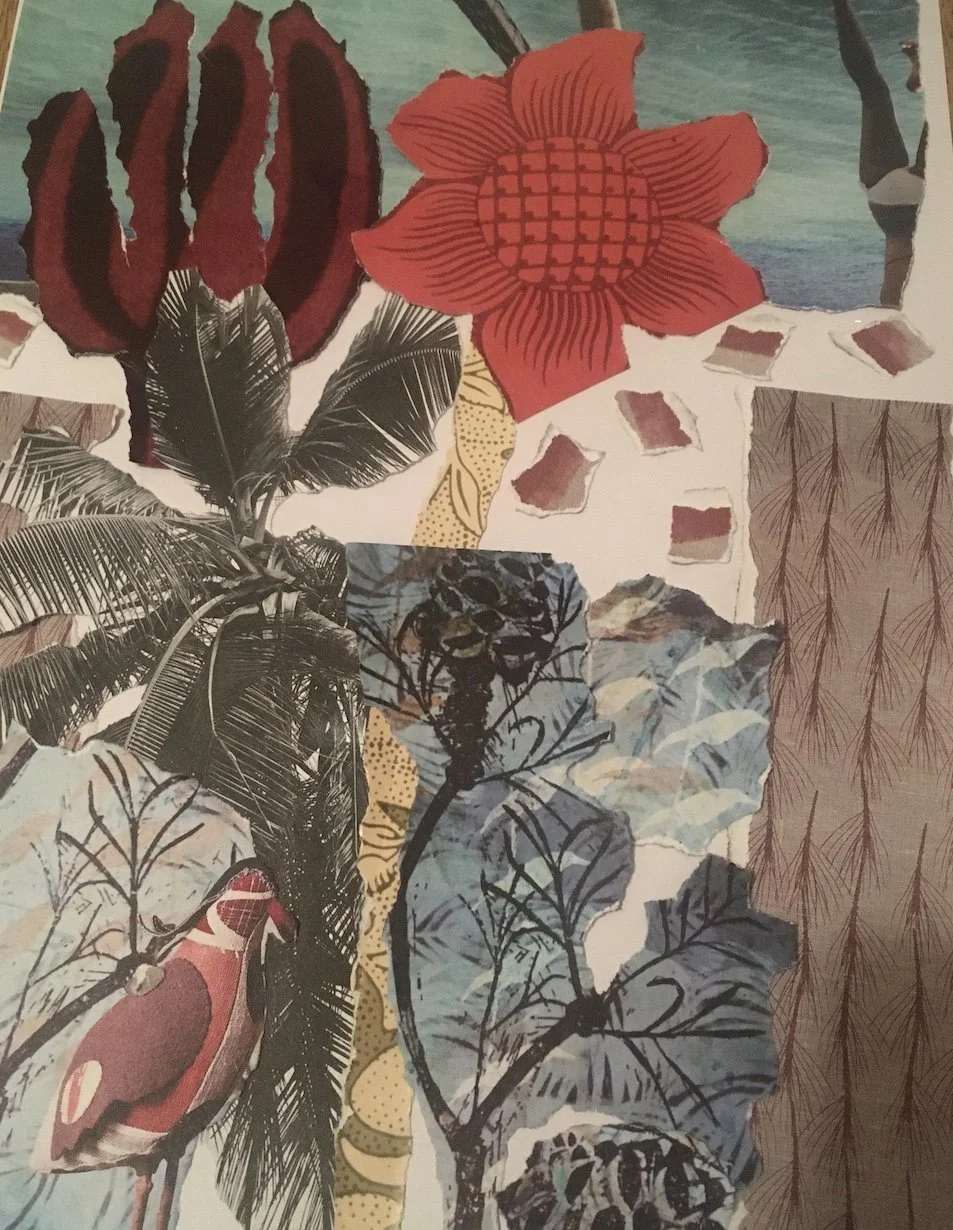 A collage featuring various cutouts of flowers, leaves, a bird, and nature scenes in different colors and styles.