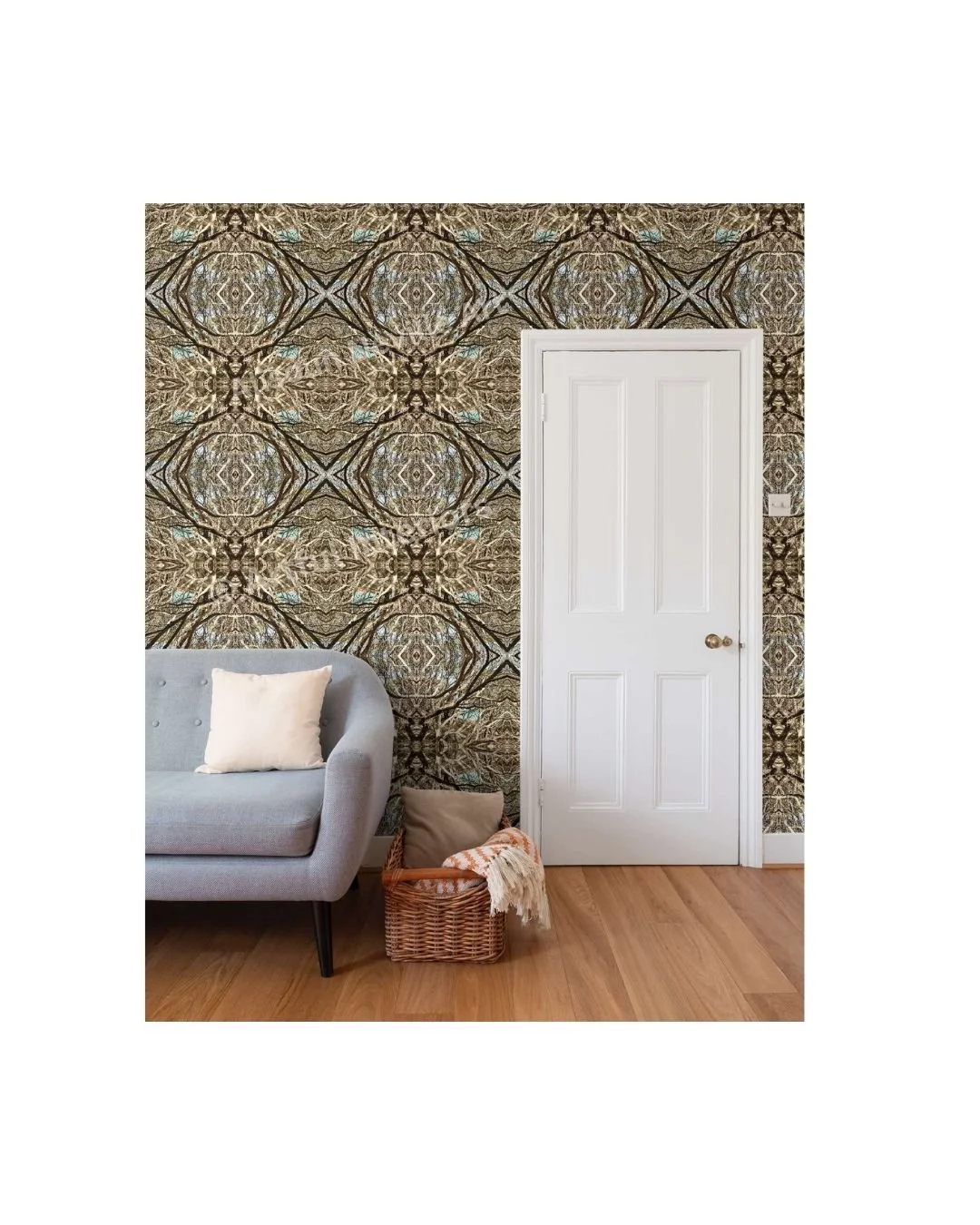 Woven Time wallpaper repeat by Artful Weave in a living room — abstract branching forms in tawny gold, deep brown and aqua covering the full wall behind a grey sofa and white door.