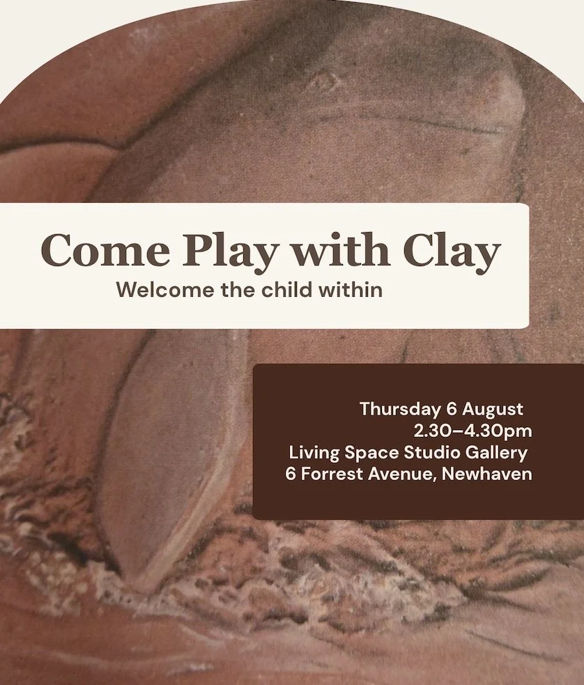 Come Play with Clay Workshop flyer, with details on white and dark brown text boxes over an imprint of a clay dolphin in water.