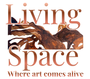 A logo titled 'Living Space: Where art comes alive' with an image of a large, twisted piece of kelp in brown and copper colours.