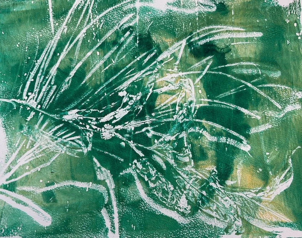 Gel press print of botanical grasses in deep green and white, with layered paint textures and fine leaf detail
