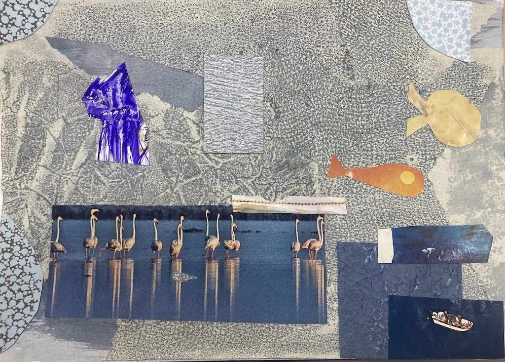 Collage of cut-out pictures of water animals and an ocean landscape. There is a group of flamingos standing in water, and images of fish and a boat on water, with various textured and patterned paper backgrounds in blue.