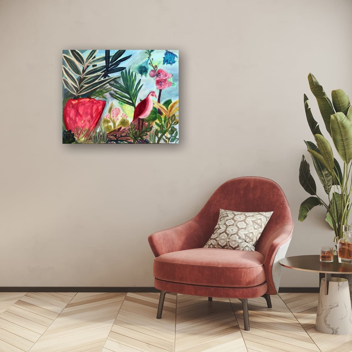 Still Bird oil painting on a taupe wall above a red chair with cushion next to a potted green plant