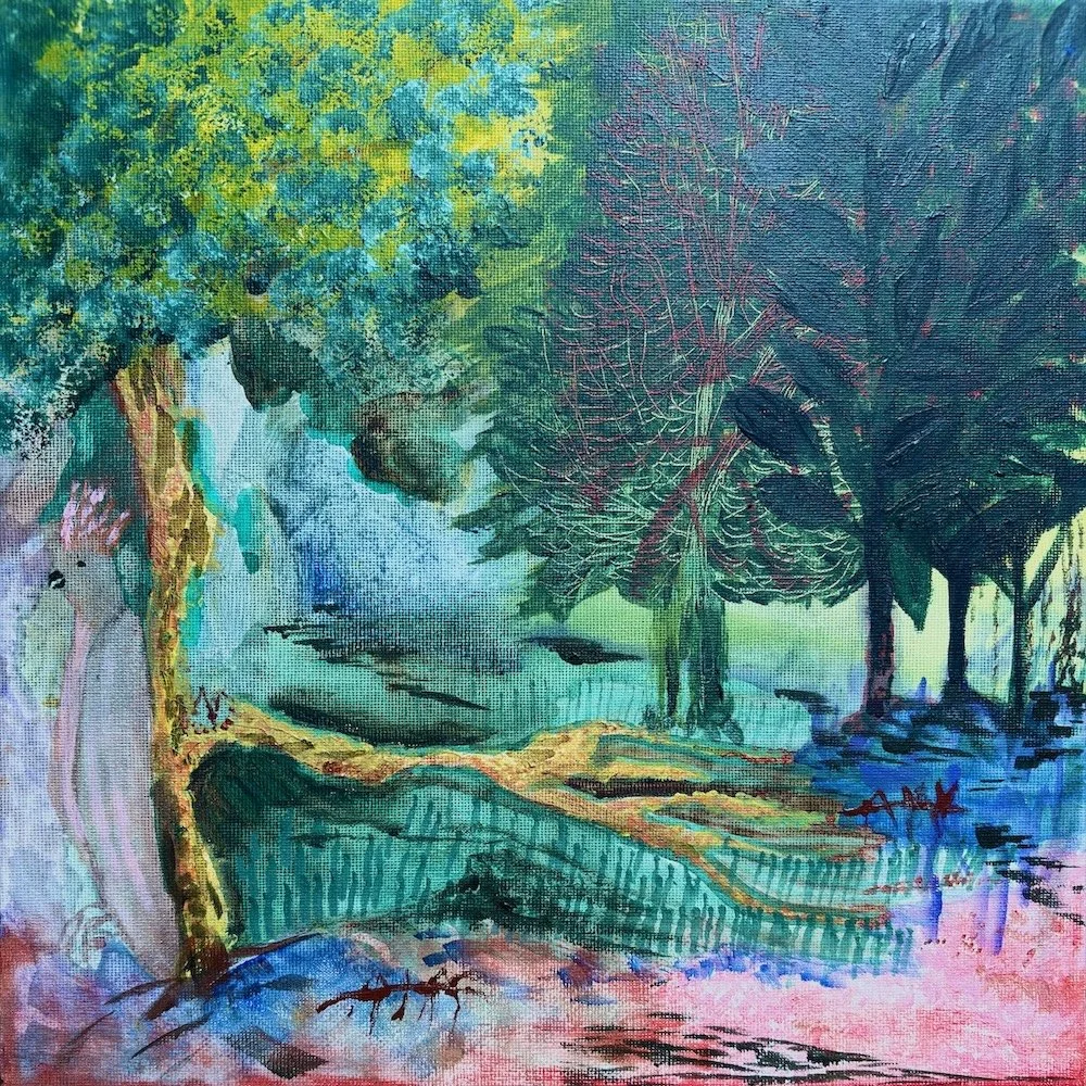 Colorful acrylic painting of a forest scene with trees, a stream, and lush greenery, with a mysterious bird figure standing behind a central tree.