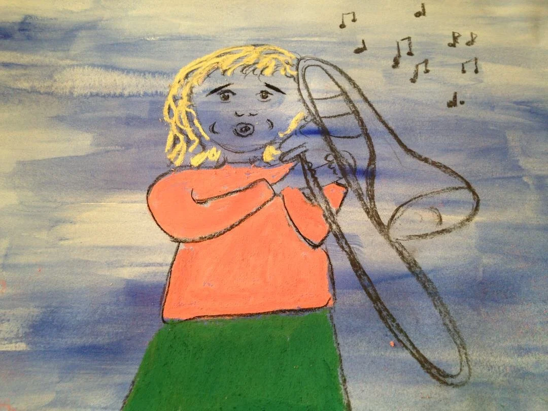 Child with blonde hair wearing an orange shirt and green skirt, playing a trombone while musical notes float nearby against a cloudy blue sky.