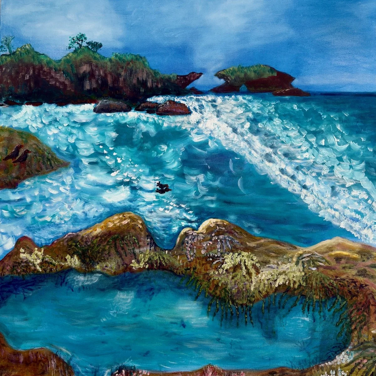 An oil painting of a coastal landscape with a rockpool and seaweed in the foreground, two layers of breaking ocean waves at tide before rocky cliffs and islands under a cloudy sky.