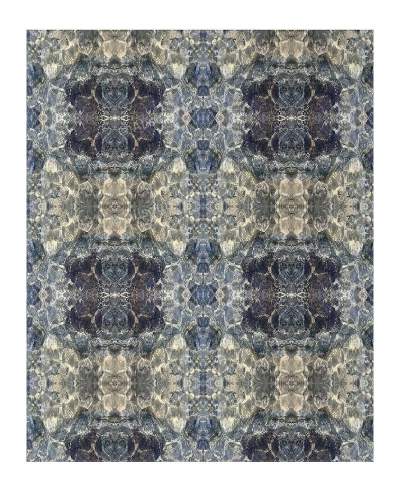 Blue Diamond pattern repeat in cotton linen fabric, showing full tile in an organic abstract of tidal water in slate, stone and cream tones.
