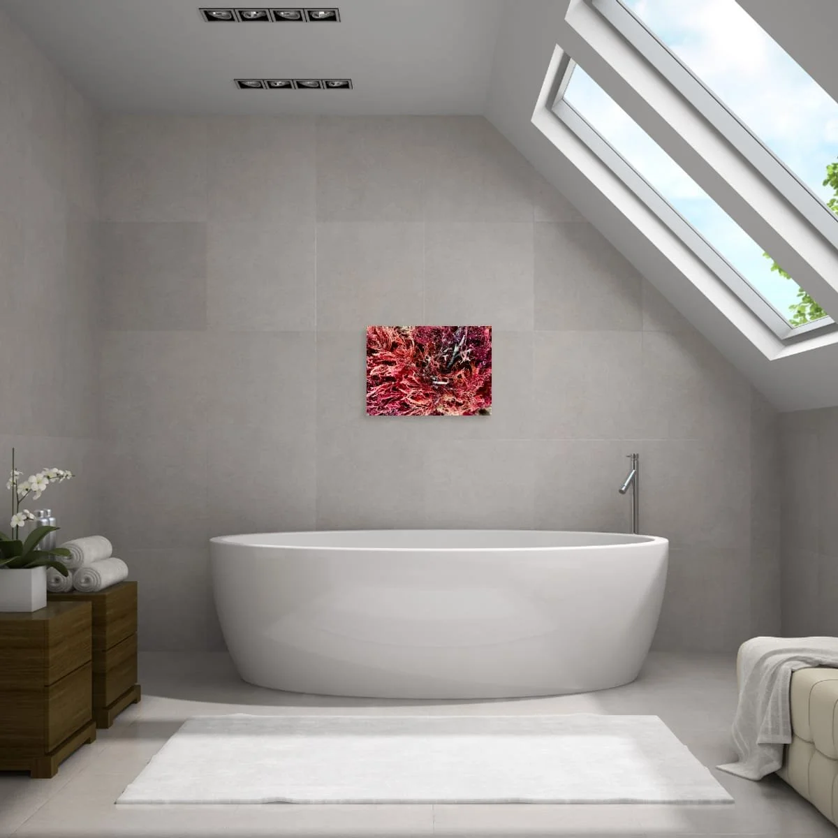 Unframed print of red algae mounted on grey wall in minimal bathroom interior with freestanding white bath and skylight.