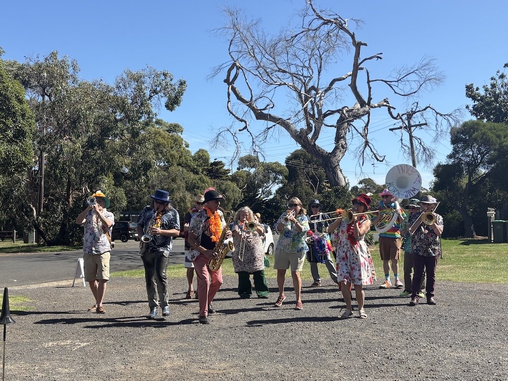 A group of people playing musical instruments outdoors on a sunny day, with trees and a blue sky in the background.