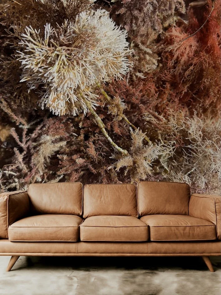 Saltflowers image of seaweed in reds, ochres and creams appears in a wallpaper mockup behind a tan couch.