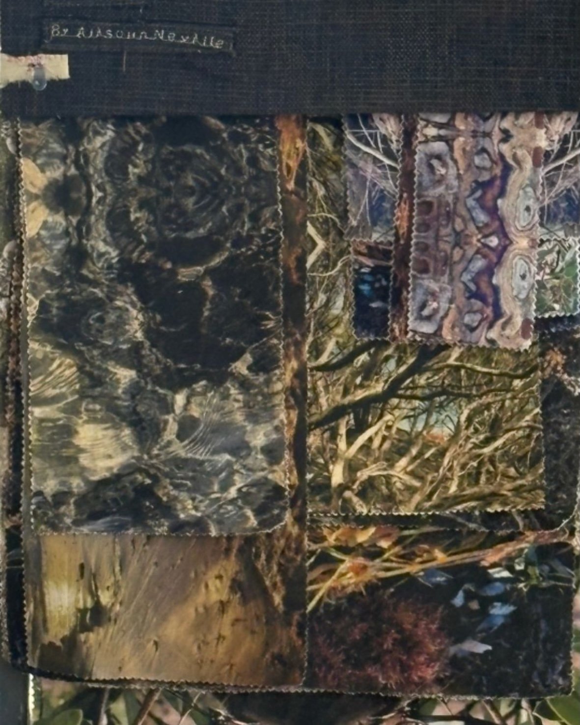 Collection of fabric swatches with patterns featuring natural elements like trees and rocks
