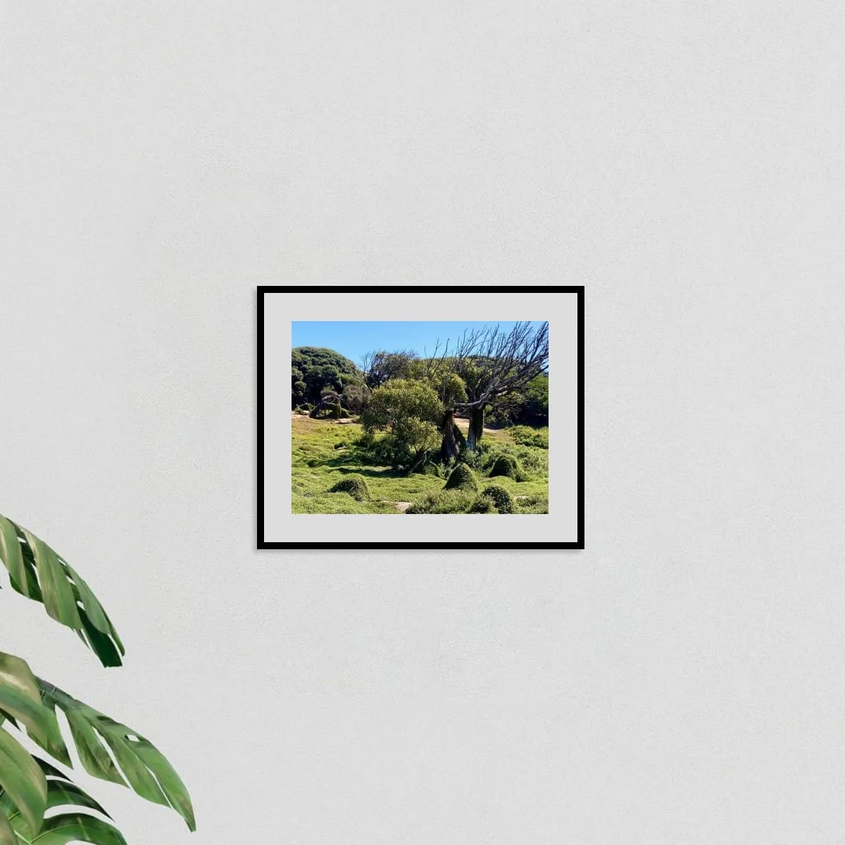 Small framed print of The Gathering on a plain white wall with a tropical plant below left. Black frame, white mat. Vivid greens read clearly at this scale.