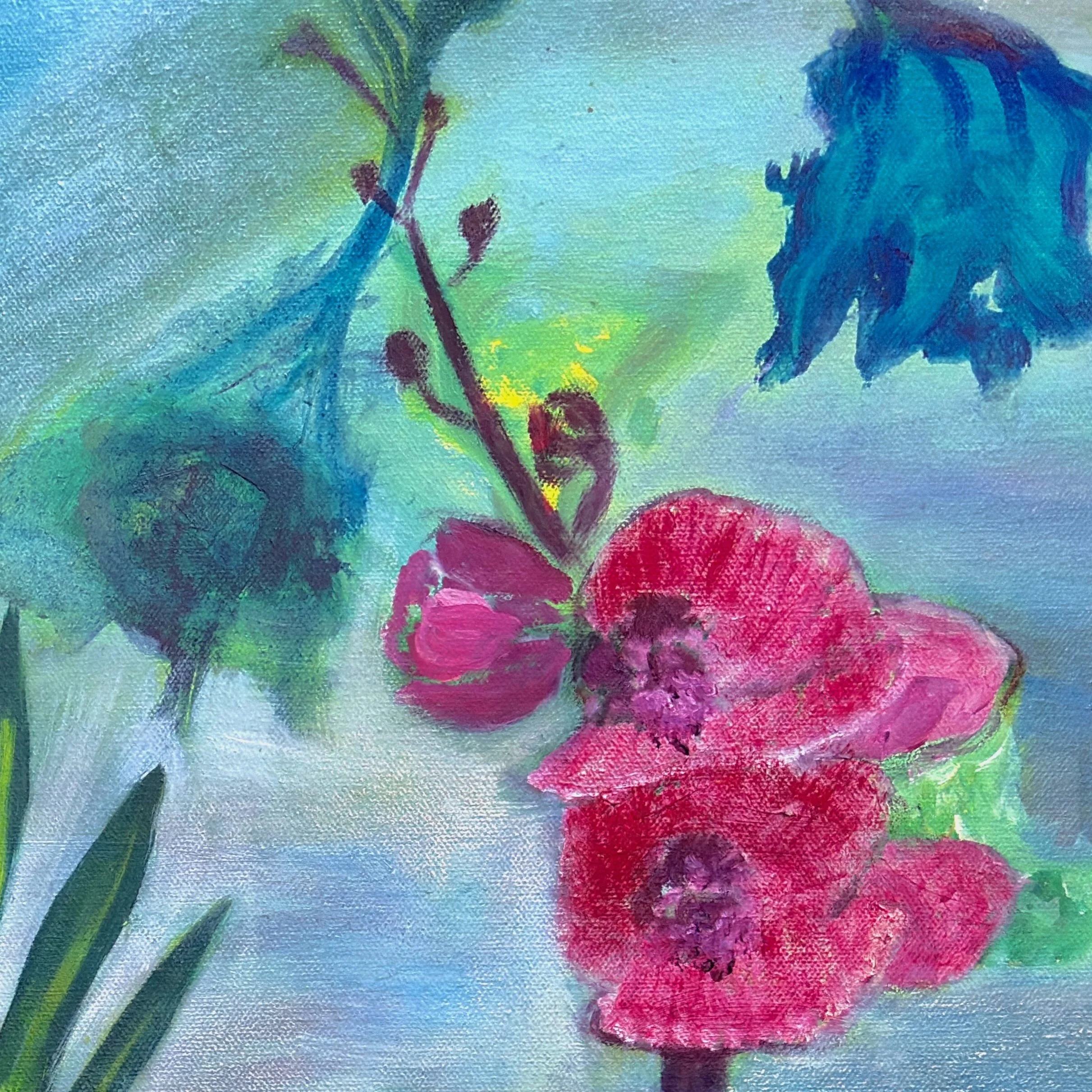 Detail from Still Bird oil painting showing pink and bue flowers against a light blue background.