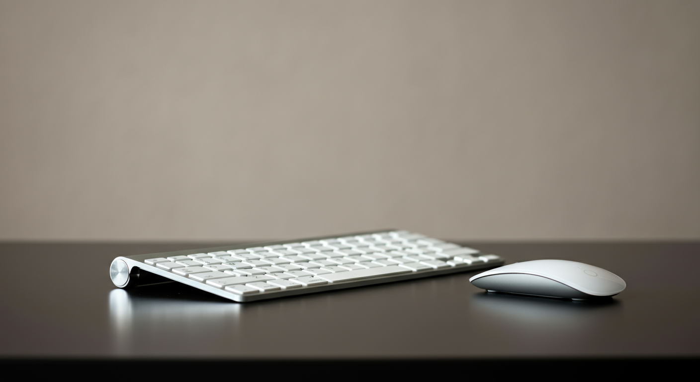 A white wireless keyboard with a metallic tilt stand and a white wireless mouse on a black surface.