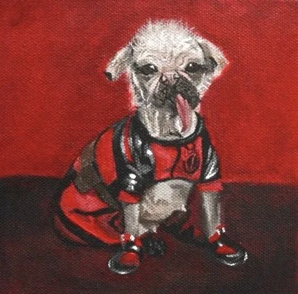 Painting of a dog wearing an Atlanta Falcons jersey and sneakers, sitting against a red background.