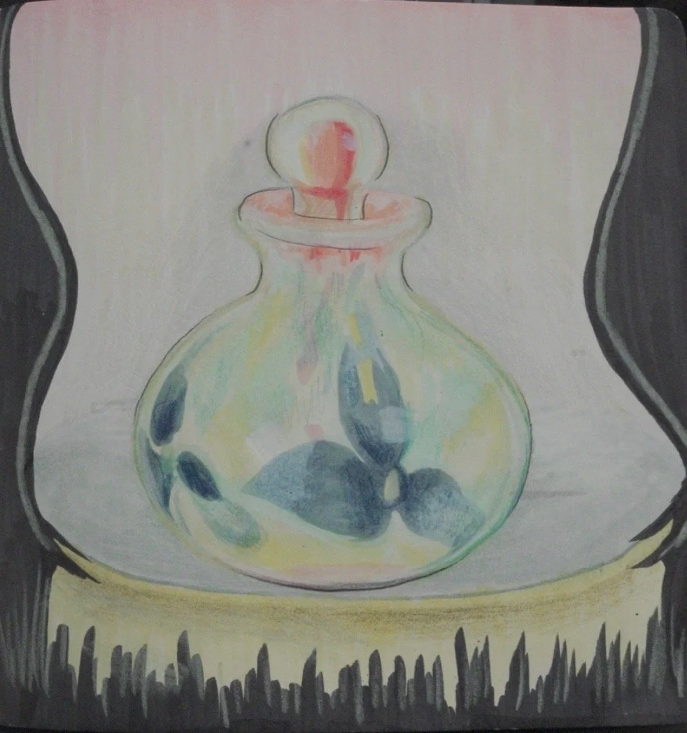 A watercolor painting of a round-bottom flask filled with dark stones, with a stopper on top, against a light background with dark border details.