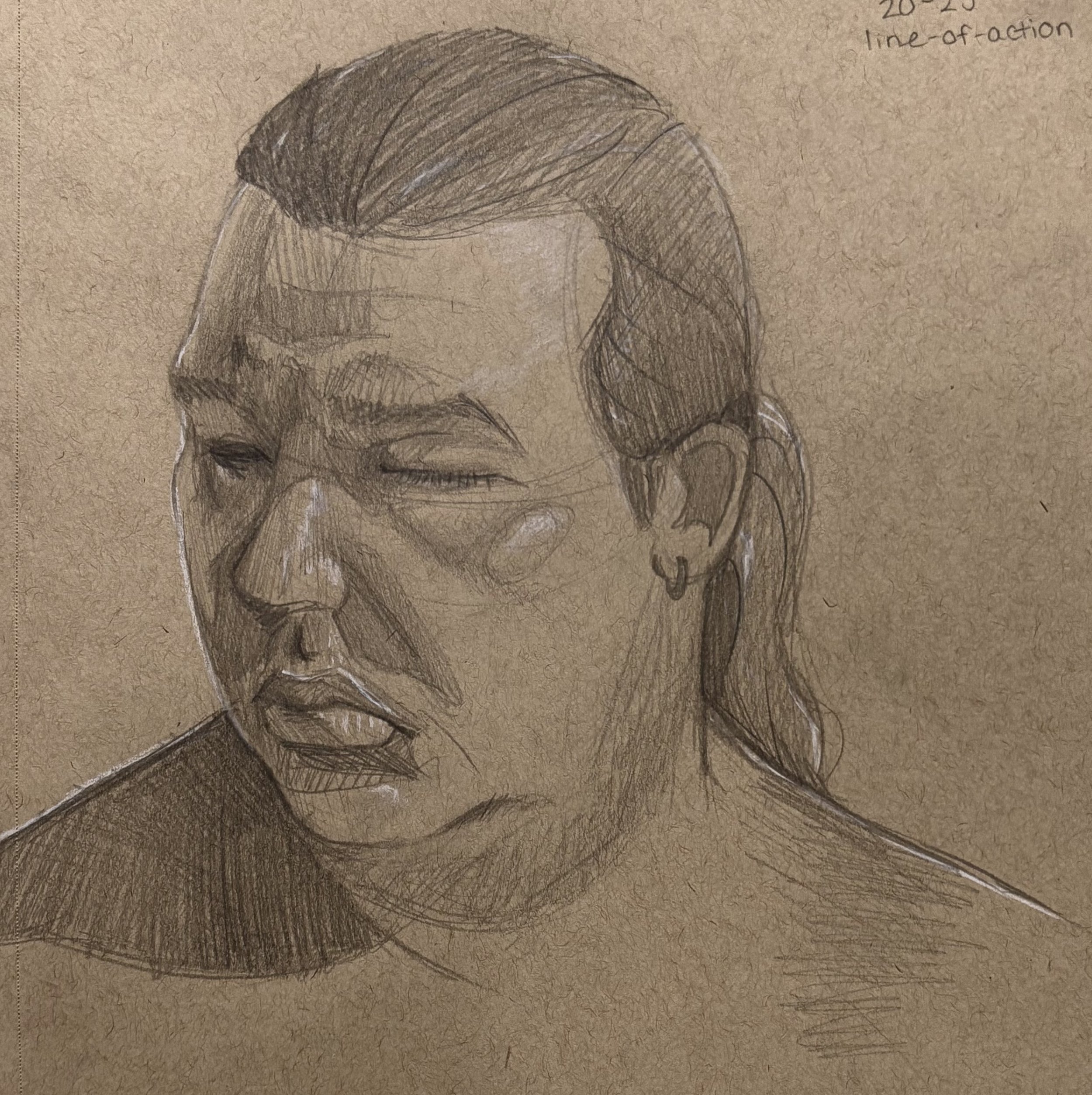 A pencil sketch of a woman with her eyes closed, with shading showing facial features, long hair pulled back, an earring, and textured shading on the neck and shoulder.