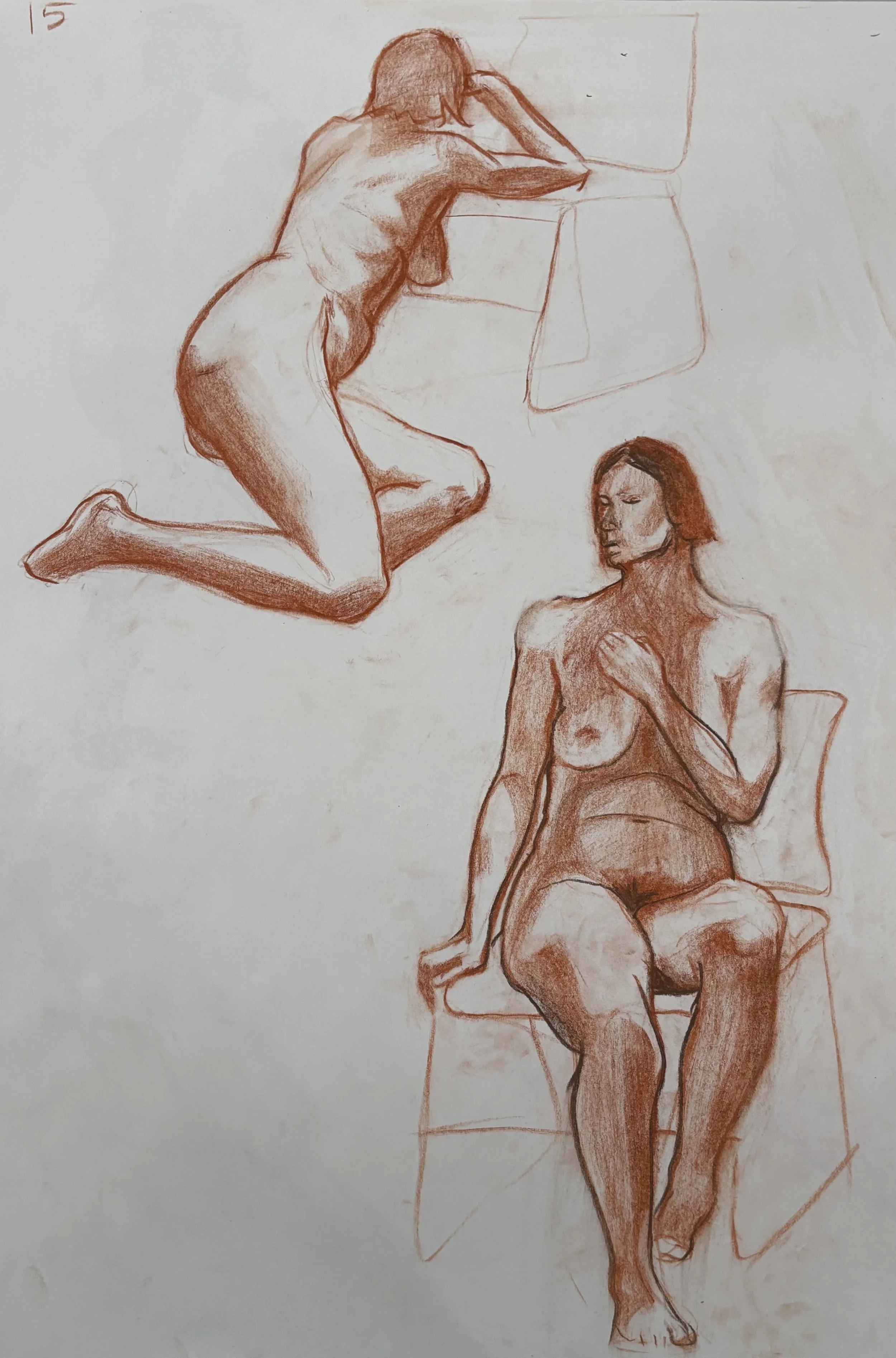 Two life drawings of nude women, one kneeling with her head resting on her arm and the other sitting on a chair, with one hand resting on her chest.